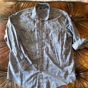 Mens dark blue button down, military inspired casual